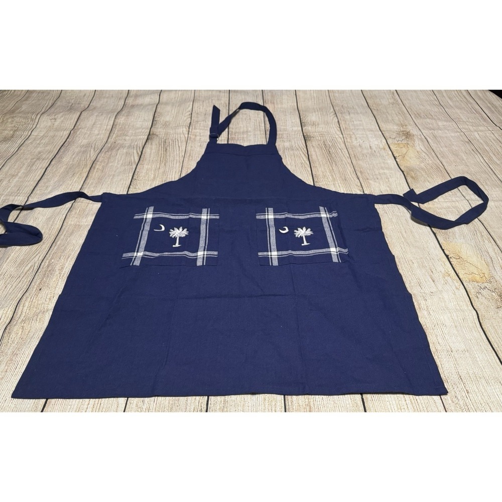 Raghu Home Collections Navy Blue Plaid Pockets Palm Tree Moon Apron NEW TubB3